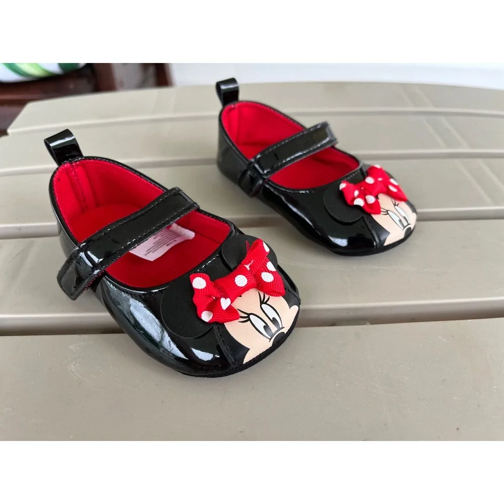 Disney Baby Minnie Mouse‎ Mary Jane Black Patent Crib Shoes Red Polka Dot 6-12M